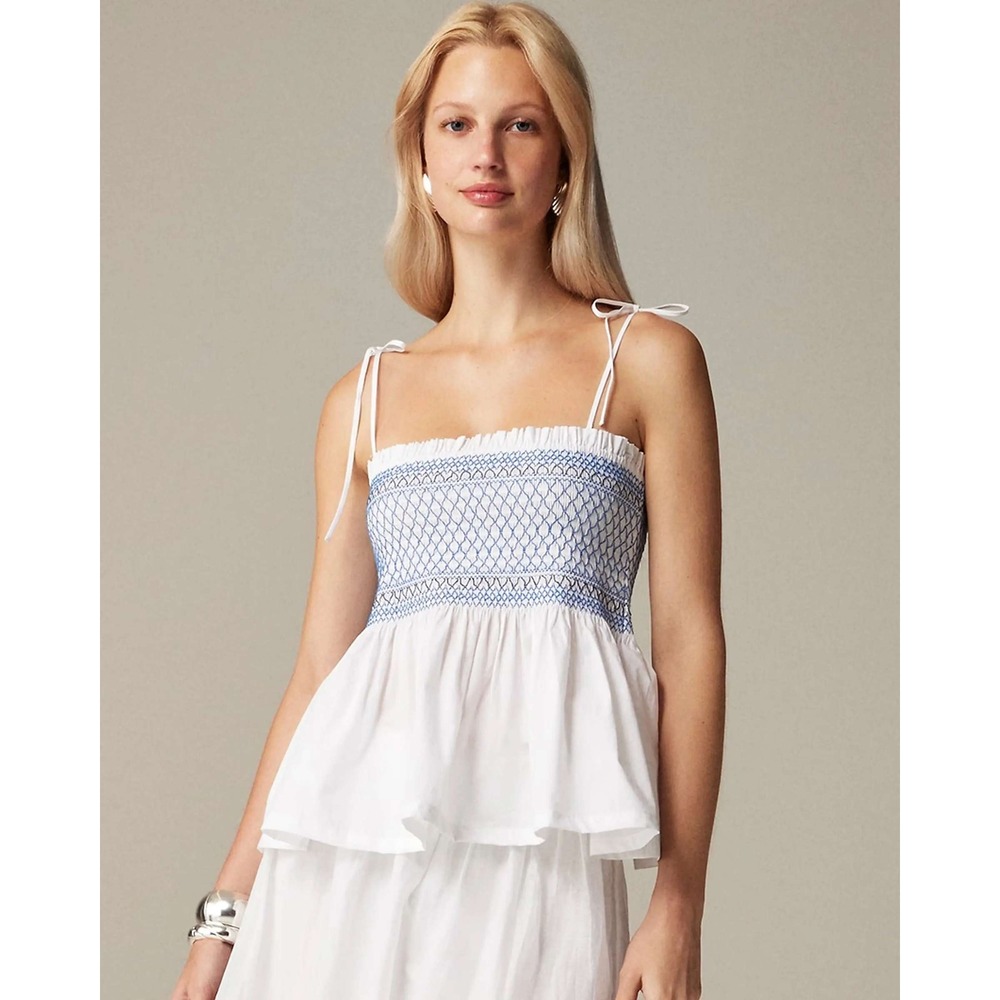 J. Crew NWT Paloma Smocked Tie Babydoll Top White Small Coastal Preppy